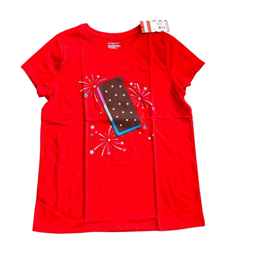 Cat & Jack Girls’ XL Plus (14) Red Ice Cream Sandwich Fireworks Tee – NWT